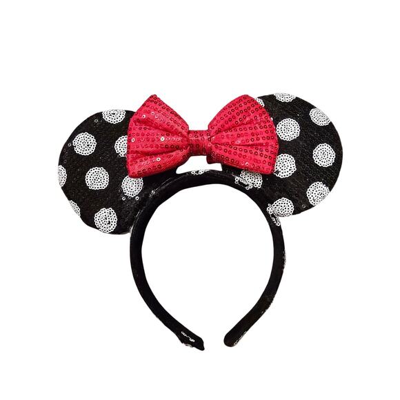 None and/or Unknown Accessories - Black Polka Dot Sequin Minnie Mouse Ears Headband